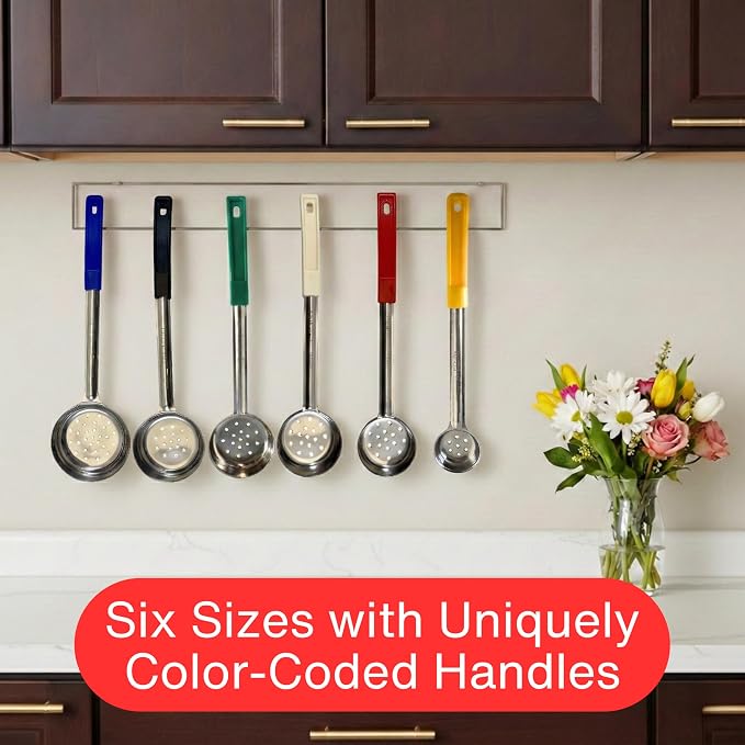 2 oz Slotted Stainless Steel Portion Control Ladle Spoon | Commercial-Grade Spoodle for Portioning & Draining - Pasta, Veggies & Buffet Service. Color-Coded by Size. Dishwasher Safe.
