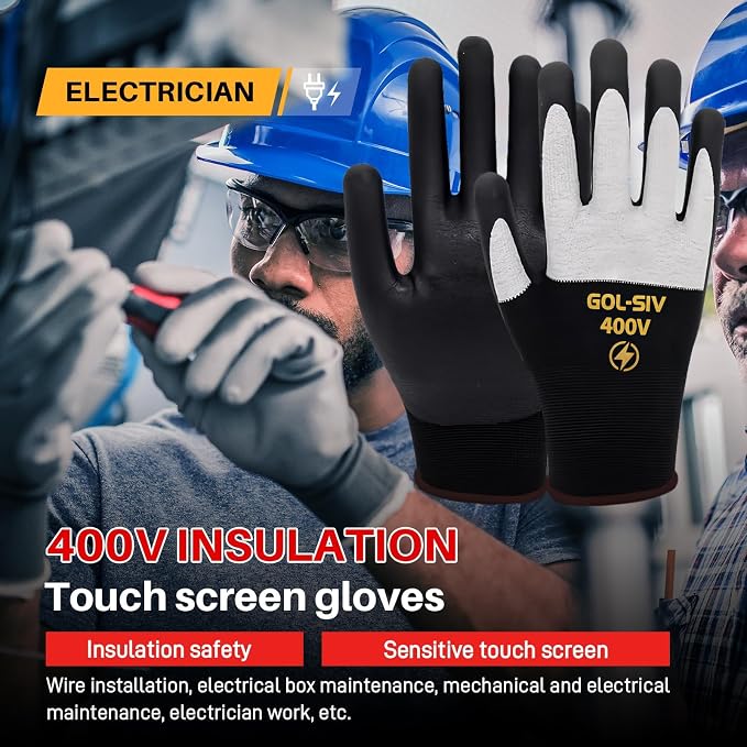 400V Low Voltage Electrician Gloves (5 Pairs), Professional Touch Screen & Flame Retardant Safety Work Gloves, Rubber Coated Non-Slip Hand Protection for Electrical Wiring, XL, Black