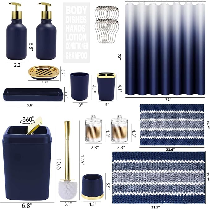 XLHOMO 25PCS Navy Blue Bathroom Accessories Sets Complete, with Shower Curtain, Rugs, Trash Can and Toilet Brush, Soap Dispenser, Toothbrush Holder and Cup, Soap Dish, Qtip Holder, Bathroom Decor Sets