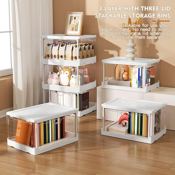 Kmiectse Clear Storage Bin with Lid 3 Pack 【Stackable & Sturdy】 Plastic Multifunctional Folding Storage Bins for Bedroom, Living Room, Study,Room, 23 QT Folding Box with Magnetic Door