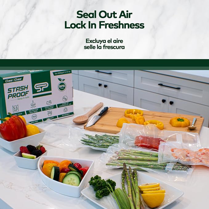 Vacuum Seal Bags 8" x 12" (100 Count) 5.5 Mil (Clear & Clear) BPA Free Heavy-Duty Commercial Grade Food Vacuum Sealer Bags for Food Saver, Sous Vide, Meal Prep, Freezer Storage & Food Preservation