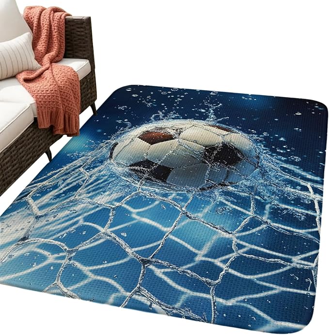 Soccer Ball Washable Area Rugs for Living Room Bedroom, Large Non Slip Indoor Floor Carpet Absorbent Low Pile Wet Net Power Shot Blue Football Door Mat Rugs for Bathroom Entryway 63"x78.7"