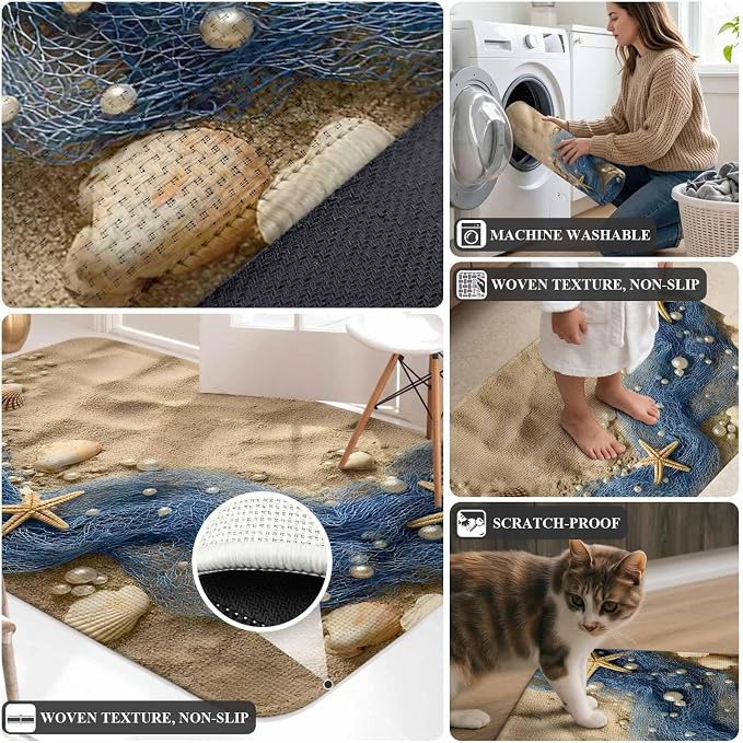 Entryway Rug Indoor Outdoor 31.5"x47.2", Coastal Beach Absorbent Non Slip Floor Mat, Summer Nautical Blue Fishing Net Conch Low-Profile Welcome Mats for Front Door Patio Mudroom Garage Entrance