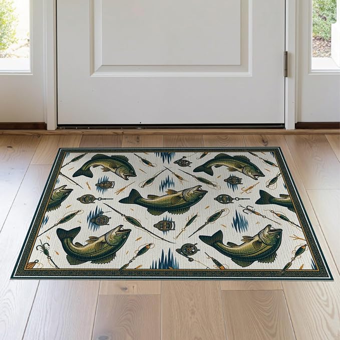 2'x3' Washable Area Rug Bass Lake Lure Tackle Reel Motif Border Angler Hook Fish Fishing Refined Stain Resistant Thin Throw for Entryway, Kitchen, Laundry Room