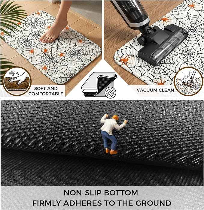 Halloween Bathroom Runner Rugs Non Slip Washable Absorbent Narrow Long Bath Mat Black Net Classic Spiders Gingham Orange Runner Rugs for Kitchen Hallway Bedroom Laundry Study Room 19.7"x63"