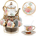 Zhehao 20 Pcs Porcelain Tea Set with Metal Holder and Spoon Adult Ceramic Tea Set European Flower Painting Teapot Cup Saucer Spoon for Women Mom Gift, Large Version (Bright Style)