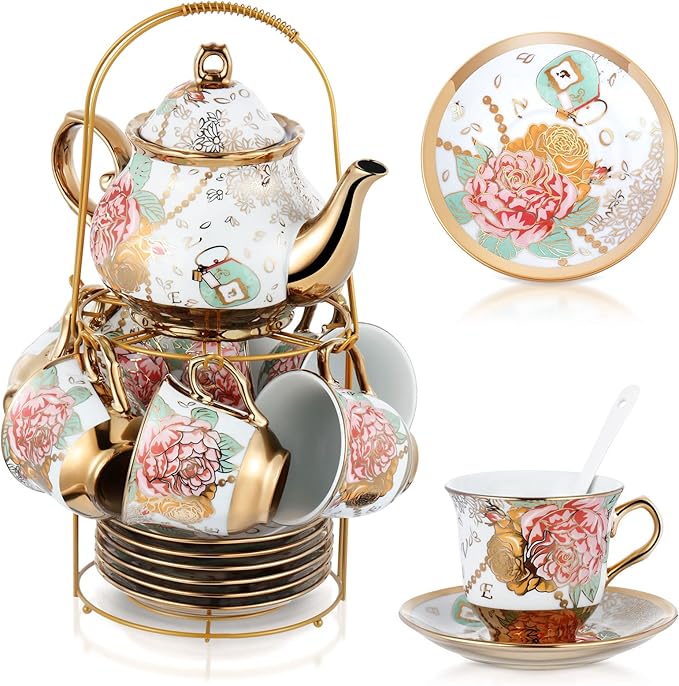 Zhehao 20 Pcs Porcelain Tea Set with Metal Holder and Spoon Adult Ceramic Tea Set European Flower Painting Teapot Cup Saucer Spoon for Women Mom Gift, Large Version (Bright Style)
