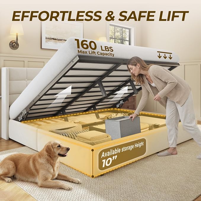 HISOFT King Size Lift Up Storage Bed Frame, Velvet Upholstered Platform Bed with Wingback Headboard, Heavy Duty Hydraulic Gas Lift Underbed Space, Reinforced Full Metal Slats, Noise Free, Light Beige