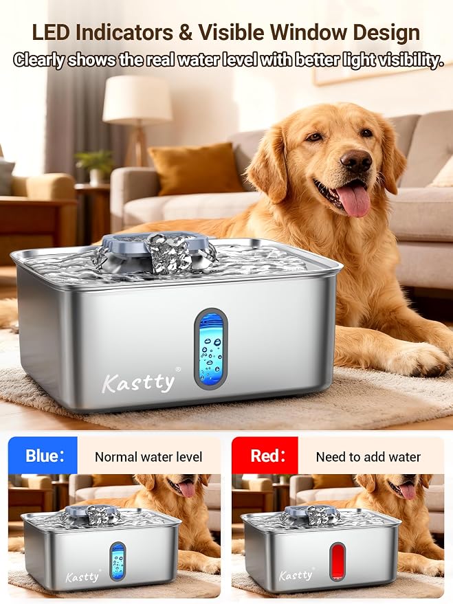 Kastty 3.96 Gal Dog Water Fountain for Large Dogs,15L Stainless Steel Large Pet Water Fountain, Ultra Quiet Automatic Dog Water Bowl Dispenser with Water Level Window and LED Light(FS78,Grey | Large Ultra Quiet Pet Water Fountain, Automatic Dog Water B...