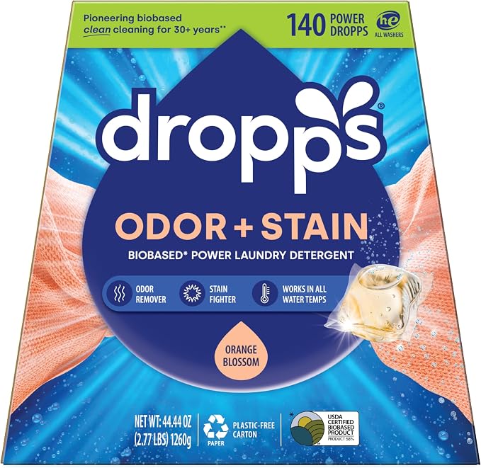 Dropps Odor & Stain Laundry Detergent Pods, Orange Blossom (140 Count) - Powerful Laundry Pods | Complete Clean Laundry Soap | Fights Odors & Stains | Clean Ingredients | Plastic Free Packaging
