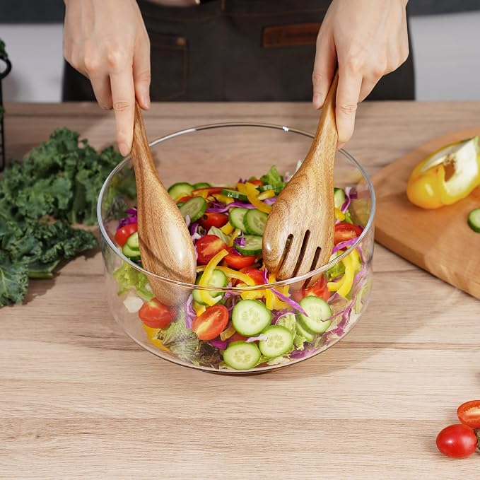 NiHome Glass Salad Bowl with Acacia Wood Salad Tongs, Large Capacity Design with Enhanced Stability, Versatile Serving Dish for Salads, Fruits, Ideal for Gatherings & Daily Family Dining