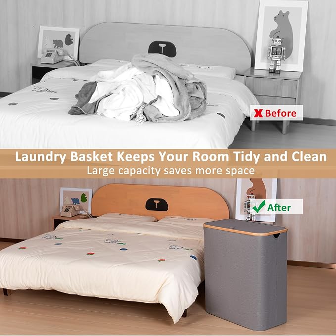 iEGrow Laundry Basket with Lid, 160L Laundry Hamper with Bamboo Handle,Clothes Basket Organizer with Removable Inner Bag for Clothes Towels,Light Grey