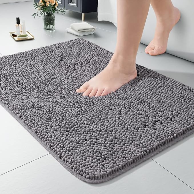 LOCHAS Luxury Bathroom Rug Shaggy Bath Mat 24 x 17 Inch, Gray | Washable Non Slip Bath Rugs for Bathroom Shower, Soft Plush Chenille Absorbent Carpets