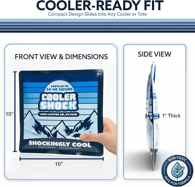 Cooler Shock Reusable Ice Packs for Cooler - Long Lasting Cold Freezer Packs for Coolers and Lunch Boxes - Cooler Ice Packs for Camping Gear, Fishing, Road Trips, Beach Must Haves