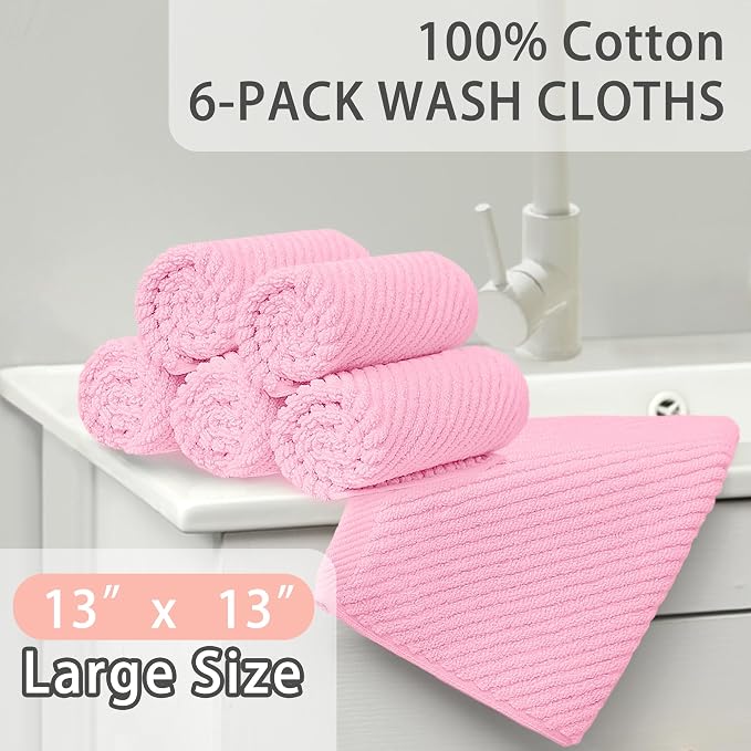 VOOVA & MOVAS Face Towels 6PC, 100% Cotton, 13x13 in, Baby Pink | Thick, Quick Dry, Soft, Absorbent, Luxury Hand Towels, Fluffy Facial Towels, Towel Gift Set