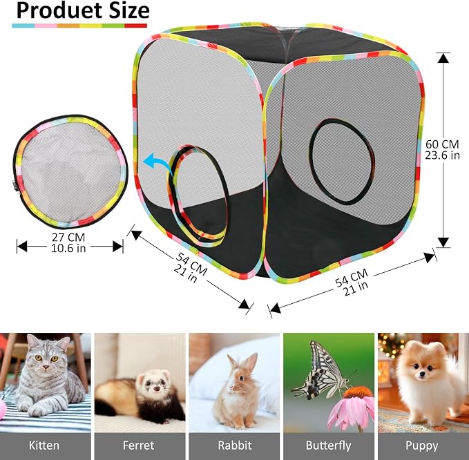 24"×24"×24" Pop-Up Cat Cube Enclosure, 210D Oxford Escape-Proof Mesh Playpen for Cats Rabbits Guinea Pigs Ferrets, Collapsible Outdoor Indoor Cat Tent, Quick Setup, Expandable System