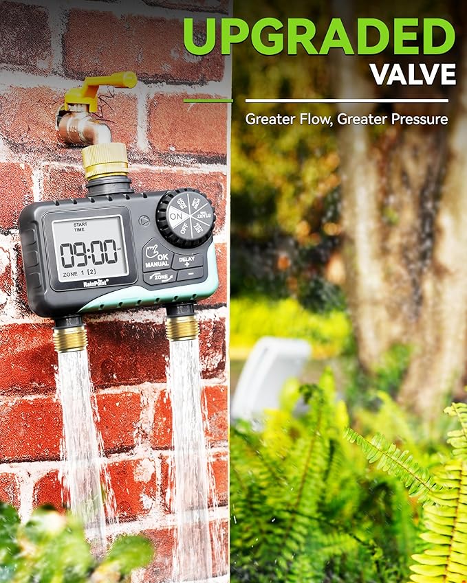 RAINPOINT 2 Zone Sprinkler Timer with Brass Inlet and Outlet - Water Timer for Garden Hose with Rain Delay/Manual Watering/Automatic Irrigation Controller System for Yard Lawn Garden(Blue)