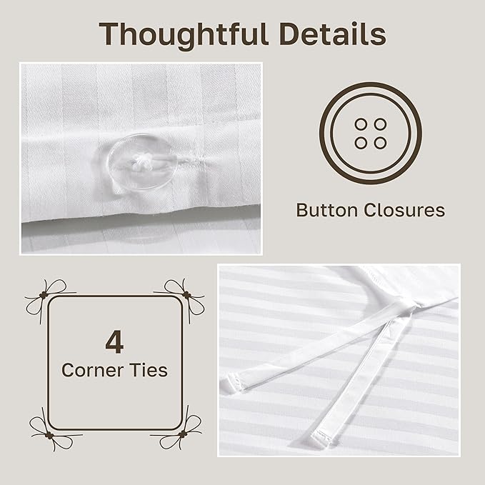 California Design Den King Size Duvet Cover Set, Premium 400 Thread Count 100% Cotton Sateen, Soft Sateen Weave Comforter Cover, Button Closure (Striped White, King)