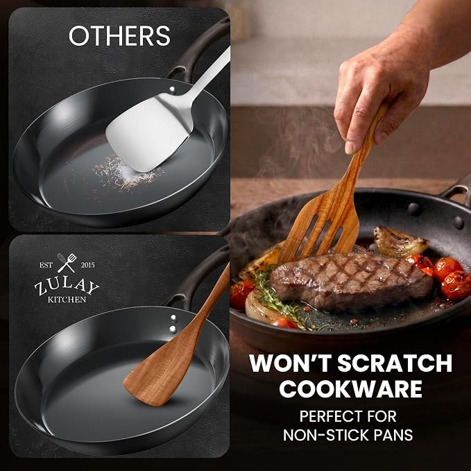 Zulay Kitchen Extra-Large 5-Piece Wooden Spoon Set - Smooth Teak Cooking Utensils - Comfort-Grip Non-Stick Turner, Spatula, Skimmer, Fork, Serving Spoon