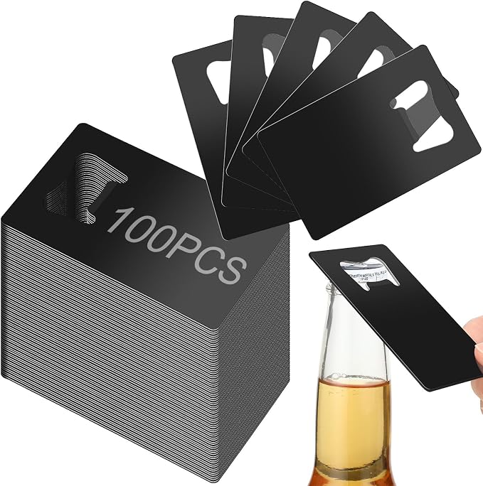 Nuogo 100 Pcs Stainless Steel Card Bottle Openers Bulk Metal Card Beer Openers Groomsmen Wallet Bottle Opener for Wedding Party Bridesmaid Favors Gifts (Black)