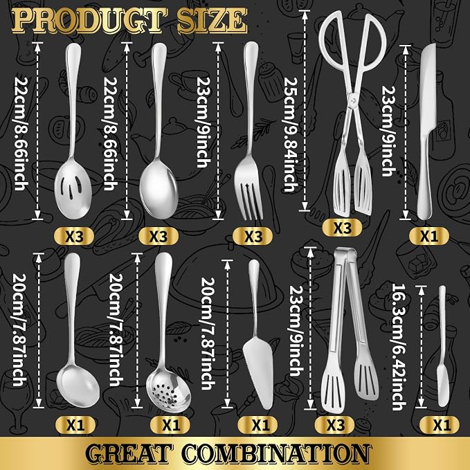 20 PCS Serving Utensil Set - Stainless Steel Complete Buffet Catering Utensils for Summer BBQ, Grilling, Picnic, Parties & Family Gatherings - Outdoor Serving Set (Silver)