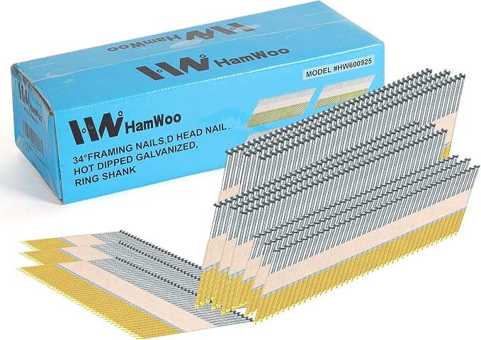 HW HAMWOO 34°Framing Nails,Ring Shank,2",2-1/2",3",3-1/2":480Pcs | D Head Nail Pack,Hot Dipped Galvanized Paper Tape Strip Nails,for 30 to 34 Degree Framing Nailer