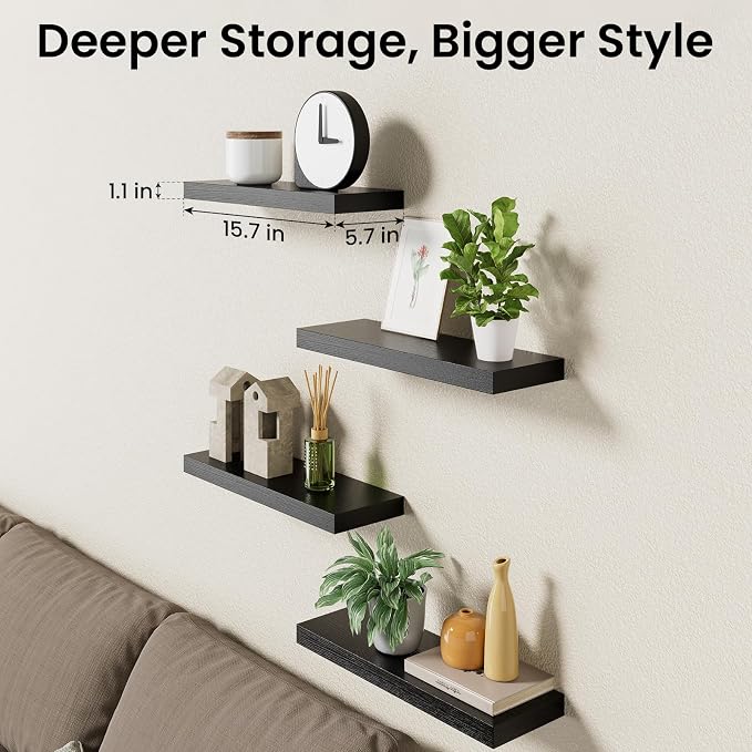 BAYKA Floating Shelves for Wall, 15.7in Wall Mounted Rustic Wood Shelves for Bathroom, Bedroom, Living Room, Kitchen, Hanging Shelf for Books/Storage/Room Decor with 22lbs Capacity (Black, Set of 4)