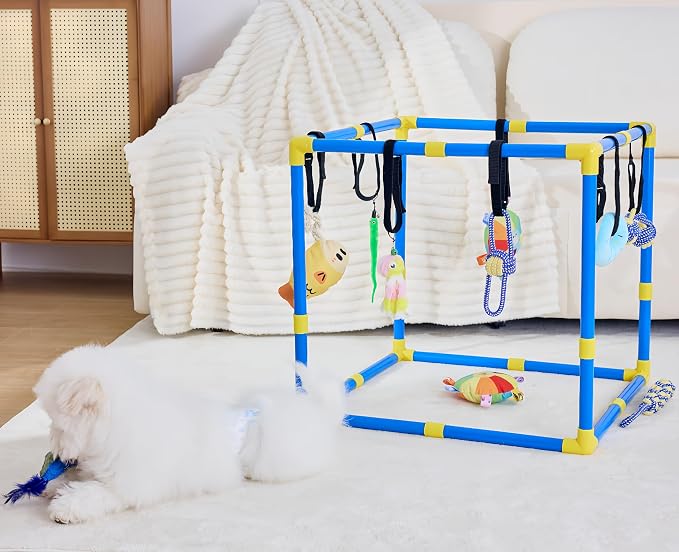 Puppy Play Gym with 12 Hanging Toys, 2-in-1 Dog Play Gym & Hammock, Adjustable Puppy Enrichment Toys for Small Dogs/Cat, Interactive Activity Center, Indoor Playground for Teething (23.6")
