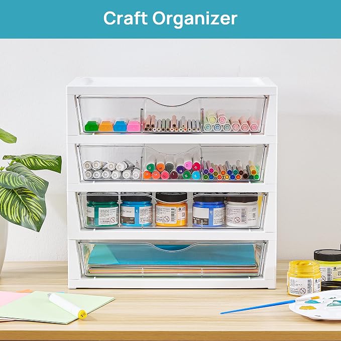 Vtopmart Clear Plastic Desk Organizer, 4-Tier Assemble Desktop File Organizer with Drawers, Office Desk Organization for Office Supplies