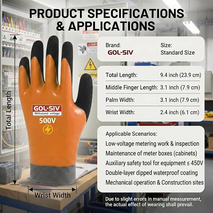 Electrical Insulated Gloves, 500V High Voltage Resistance Electrician Safety Gloves, Rubber Non Slip Work Gloves (500V|Double Insulated, 2pcs-Large)