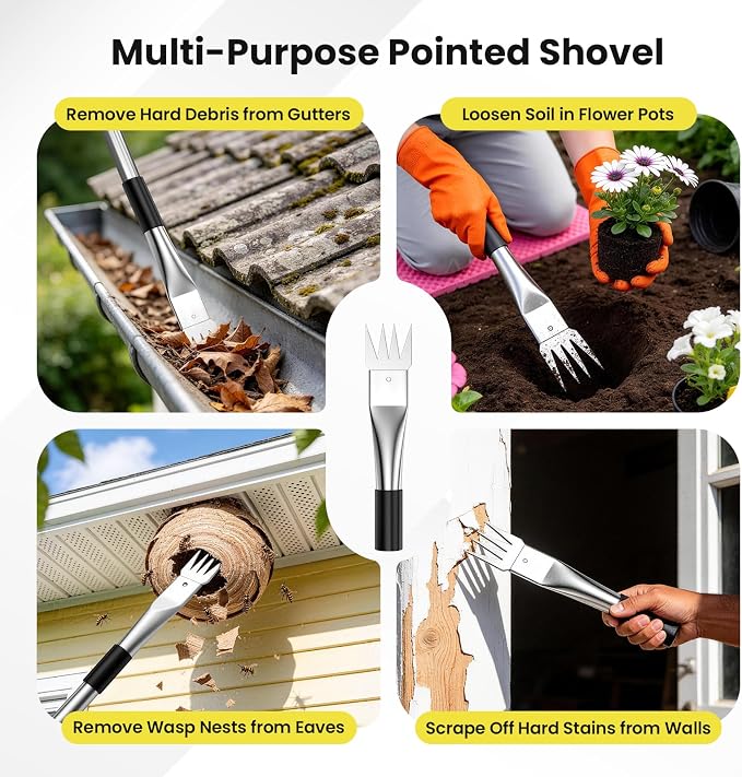 12 FT Gutter Cleaning Tools for Outdoor - Gutter Cleaner Pole with Shovel & Brush for Roof Rain Gutters, Cleans Leaves, Branches & Debris - No Ladder Needed (Yellow)