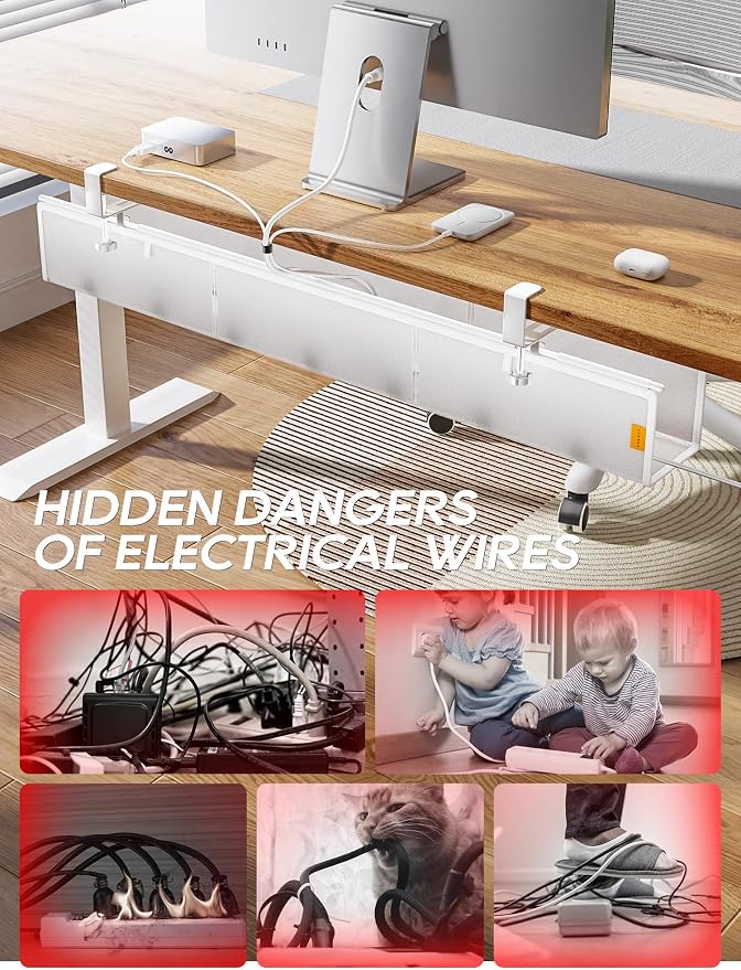 39" No Drill Under Desk Cable Management Tray (White) | Fire-Resistant Thickened Nylon Material, Clip-on Cord Organizer to Hide Power Strip, Heat Dissipation Mesh Design, for Office