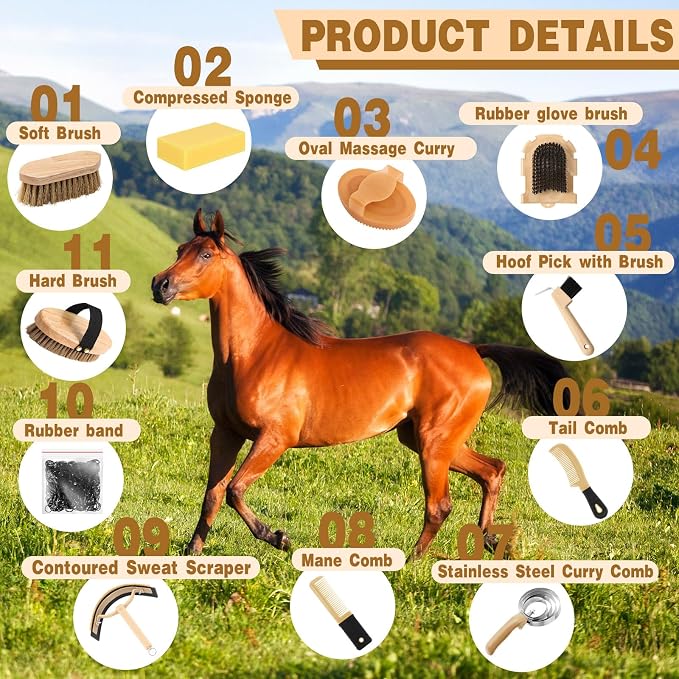 Abbylike 12 Piece Horse Grooming Kit with Organizer Tote Bag Brush Sets for Derby Day Show Horses Professional Tools for Care & Massage(Khaki and Black)