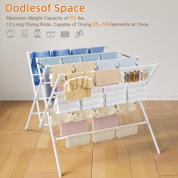 Drying Rack Clothing,35.43in Long Drying Poles Large Clothes Drying Rack | Foldable Portable Laundry Drying Rack with Sock Clips for Air Drying Clothing,Towels,Delicate Eac,Indoor Outdoor Use.White