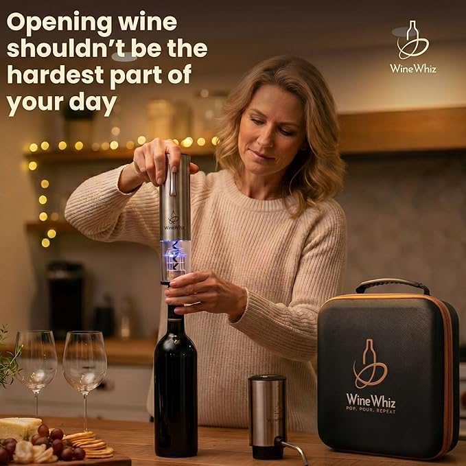 Electric Wine Aerator and Opener Set with Premium EVA Case and Accessories - Rechargeable Automatic Liquor Dispenser Pourer with Foil Cutter, Vacuum Sealer, USB-C Charging Cable - Gift Set