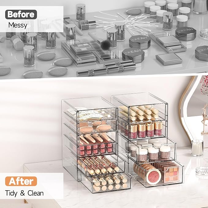 Makeup Drawer Storage Organizer with 16 Drawers, 4 Set Acrylic Office Desk Organization and Storage, Dustproof Drawer Organizer for Makeup, Office, Countertop, Jewelry, Pen, Desktop, Bathroom, Bedroom