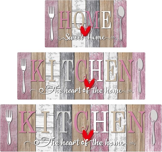 Kitchen Rugs Set 3 Piece, Non Slip Kitchen Mats for Floor, Soft Fabric with Rubber Backing, Farmhouse Anti Fatigue Runners Carpet for Home Kitchen Laundry Room Hallway (Rustic Pink & Grey)