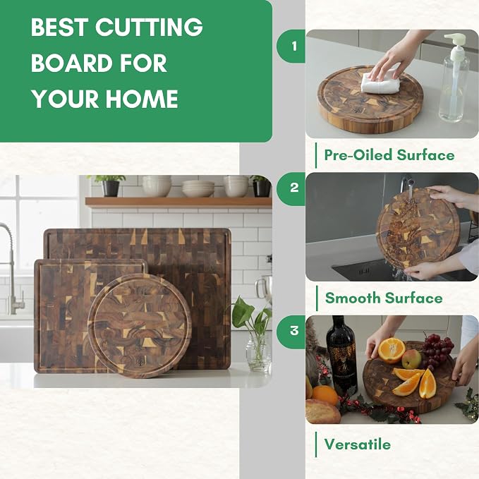 Round End Grain Acacia Wood Cutting Boards for Kitchen, 1.5 in Thick Butcher Block Construction for Stability, 12 x 12 in Round Cutting Boards with Gift Box, Juice Groove and Handle