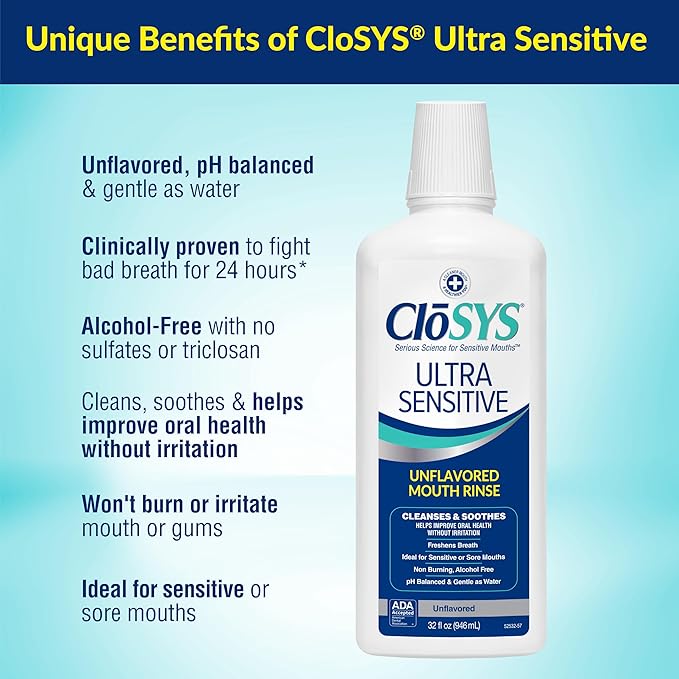 CloSYS Ultra Sensitive Mouthwash, 32 Oz, Alcohol Free Mouthwash, Unflavored Mouth Wash, Dye Free, pH Balanced, Helps Soothe Entire Mouth