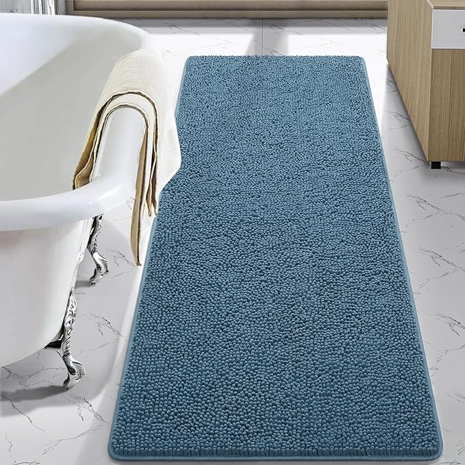 LOCHAS Luxury Bathroom Rug Shaggy Bath Mat 24 x 60 Inch, Denim Blue | Washable Non Slip Bath Rugs for Bathroom Shower, Soft Plush Chenille Absorbent Carpets