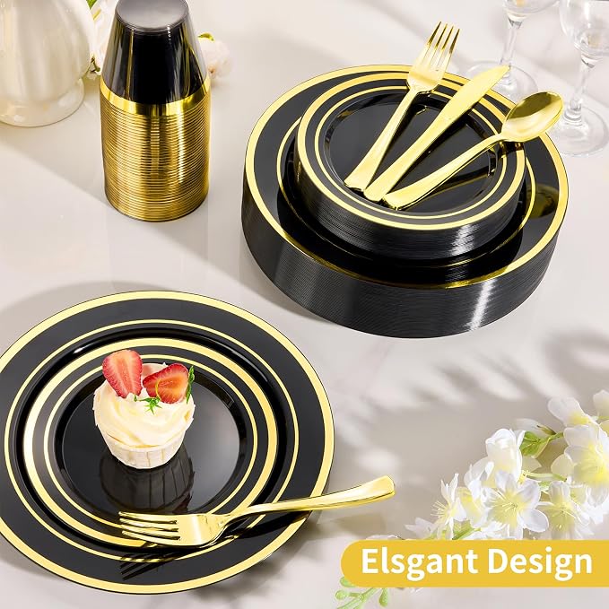 Goodluck 600 Pieces Black Plates for 100 Guests, Plastic Plates for Party, Dinnerware Set of 100 Dinner and 100 Dessert Plates, 100 Spoons, 100 Forks, 100 Knives, 100 Cups