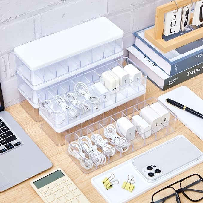 Tatuo 6 Pcs Cable Organizer Box with Wire Ties, Plastic Cord Storage Box with Lid, Electronics Organizer for Home Office Desk Organizers and Accessories (Clear,White)