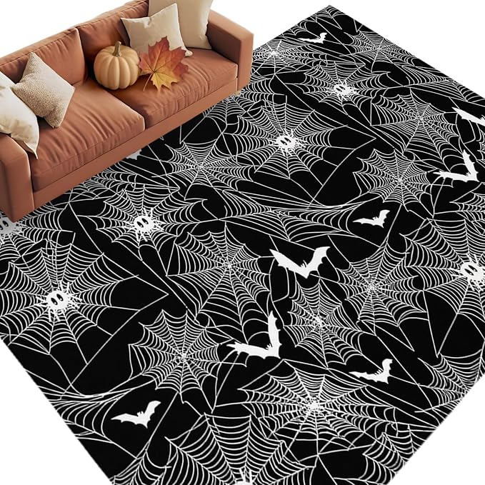 8 x 10 Ft Large Area Rug for Living Room, Halloween Indoor Accent Rugs for Bedroom, Black Scary White Bat Animal Net Geometric Decorative Modern Carpet Washable Low Pile Non Slip Rug for Dining Room