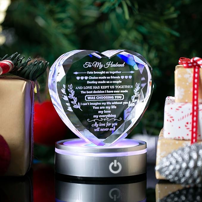 Gifts for Husband Crystal with Colorful LED Base, Cool Anniversary Birthday Gifts for Men, Husband Birthday Gifts from Wife, Crystal Keepsakes Romantic Gifts for Wedding Valentine's Day