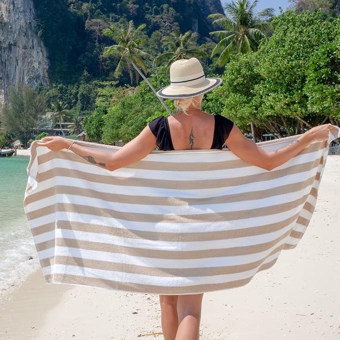 Arkwright California Cabana Stripe Beach Towel - Pack of 4, Large Soft Quick Dry 100% Cotton Terry Towels Set for Pool, Swim, and Hot Tub, Oversized 30 x 70 in, Beige