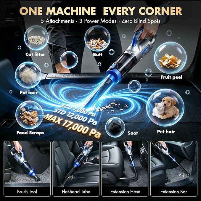 VCANENERGY 29PCS Car Cleaning Kit Interior Detailing for Men Women（Blue） | 17000PA High Power Handheld Cordless Car Vacuum Rechargeable, Detailing Brush Set, Windshield Cleaner Tool, Tire Brush