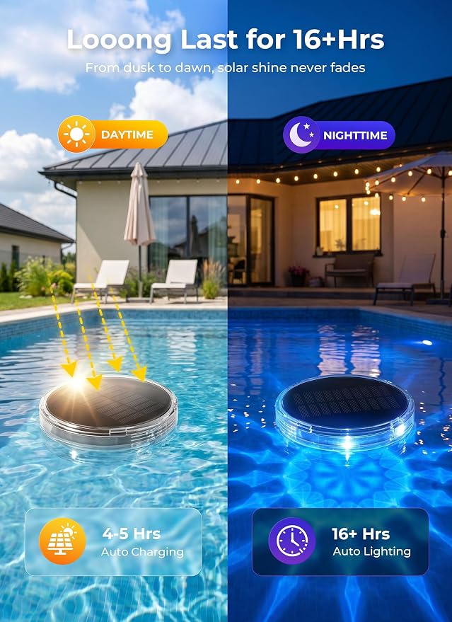 Brightown Floating-Solar-Pool-Lights 2 Pack, RGBWW 12 Lighting Modes 3 Dimming & Timing IP68 Waterproof with Remote Control Solar Floating Pool Lights for Above Ground Pools Inground Pools Accessories