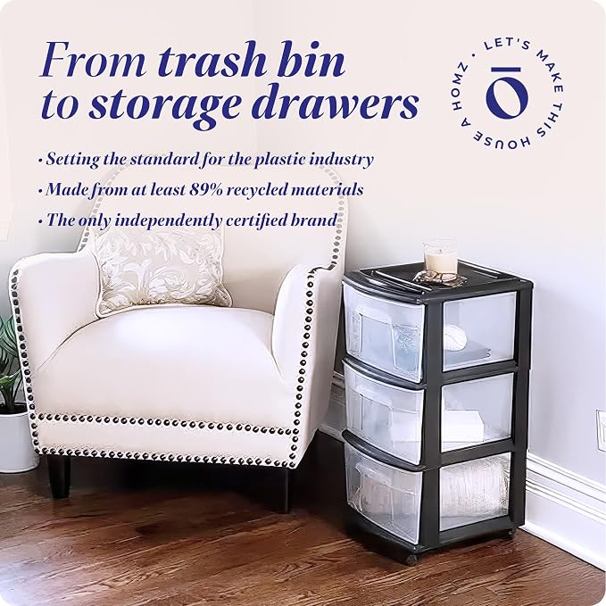 HOMZ Drawer Tower, 3-Tier Clear Plastic Storage Organizer Cart, Black Frame – Organizing Containers with Wheels for Home, Bathroom, Bedroom, Office, and Classroom
