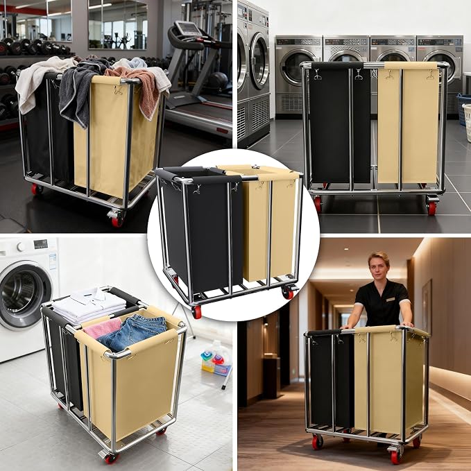 Commercial Laundry Cart with Wheels, 400L 2-Section Large Lanudry Hamper with Wheels, Heavy-Duty Rolling Laundry Cart with Silent Rubber & Waterproof Oxford Bags (Black Beige)