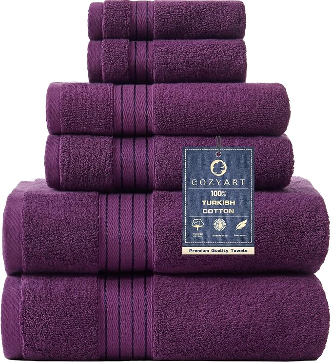 COZYART Purple Bath Towel Set for Bathroom Soft Absorbent Durable 650 GSM Turkish Cotton Towel Sets of 6, 2 Large Bath Towels, 2 Hand Towels, 2 Washclothes | OEKO-Tex 100 Certified Zero Twist Ring Spun, Soft Absorbent Quick Dry, Plush Fluffy, Breathabl...
